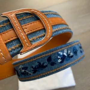 Christian Dior women’s belt.  Blue denim floral embroidery with tan leather.